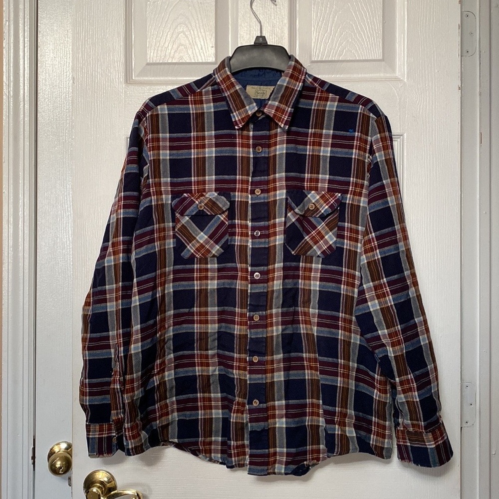 VTG 70’s SEARS Navy Blue Plaid Print Work Shirt Button Down Long Sleeves